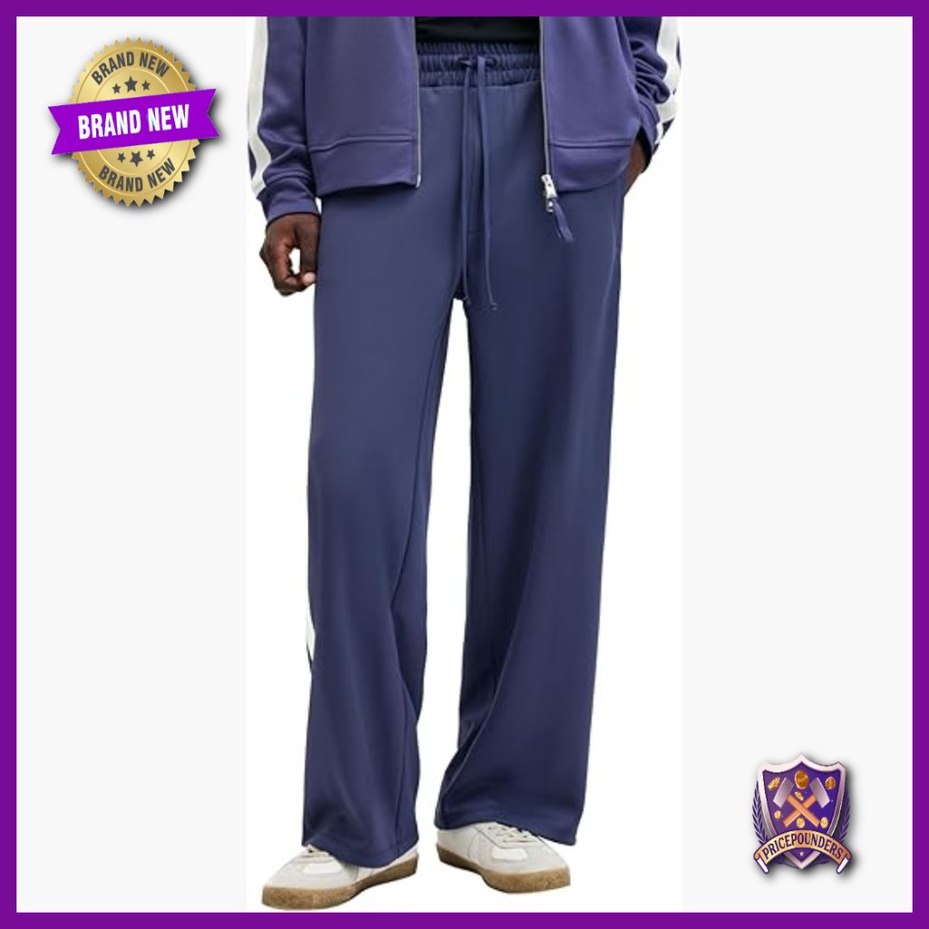 Wide Leg Sweatpants With Contrast Tape, Elastic Waist, Two Pockets